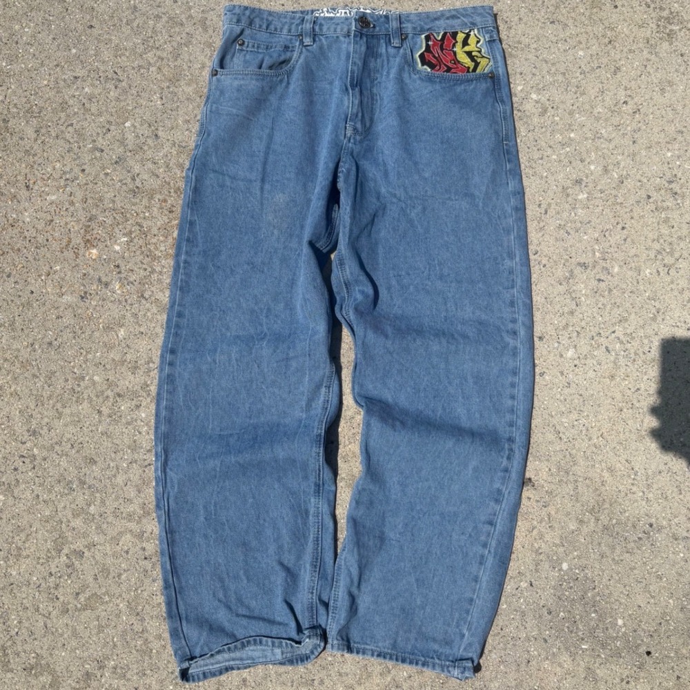 Ambush 32 Dragon Dagger Embroidered Baggy Wide Leg Jeans Blue Denim Streetwear